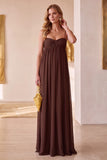 Coffee A-Line Chiffon Ruched Spaghetti Straps Long Wedding Guest Dress