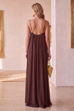 Coffee A-Line Chiffon Ruched Spaghetti Straps Long Wedding Guest Dress