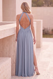 Dusty Blue Basque Waist A-Line Halter Long Wedding Guest Dress with Slit