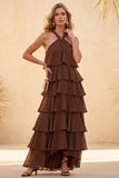Coffee Halter High Low Tiered Ruffled Chiffon Long Wedding Guest Dress with Beading