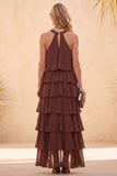 Coffee Halter High Low Tiered Ruffled Chiffon Long Wedding Guest Dress with Beading