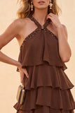 Coffee Halter High Low Tiered Ruffled Chiffon Long Wedding Guest Dress with Beading