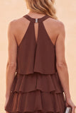 Coffee Halter High Low Tiered Ruffled Chiffon Long Wedding Guest Dress with Beading