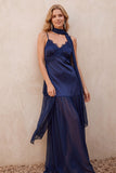 Navy A-Line Satin Chiffon Spaghetti Straps Maxi Wedding Guest Dress with Lace