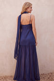 Navy A-Line Satin Chiffon Spaghetti Straps Maxi Wedding Guest Dress with Lace