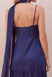 Navy A-Line Satin Chiffon Spaghetti Straps Maxi Wedding Guest Dress with Lace