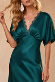 Peacock Blue V-Neck Satin Sheath Lace Short Sleeves Long Wedding Guest Dress with Slit