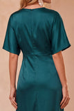 Peacock Blue V-Neck Satin Sheath Lace Short Sleeves Long Wedding Guest Dress with Slit