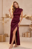 Burgundy Sheath High Neck Cap Sleeves Lace Ruched Long Wedding Guest Dress with Slit