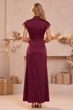 Burgundy Sheath High Neck Cap Sleeves Lace Ruched Long Wedding Guest Dress with Slit