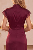 Burgundy Sheath High Neck Cap Sleeves Lace Ruched Long Wedding Guest Dress with Slit