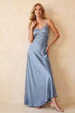 Dusty Blue Satin Sheath Spaghetti Straps Long Wedding Guest Dress with Lace