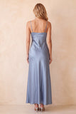 Dusty Blue Satin Sheath Spaghetti Straps Long Wedding Guest Dress with Lace