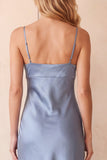 Dusty Blue Satin Sheath Spaghetti Straps Long Wedding Guest Dress with Lace