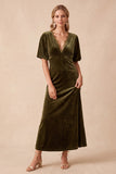 Olive Velvet V-Neck A-Line Short Sleeves Maxi Wedding Guest Dress with Lace