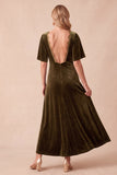 Olive Velvet V-Neck A-Line Short Sleeves Maxi Wedding Guest Dress with Lace