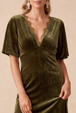 Olive Velvet V-Neck A-Line Short Sleeves Maxi Wedding Guest Dress with Lace
