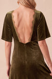 Olive Velvet V-Neck A-Line Short Sleeves Maxi Wedding Guest Dress with Lace