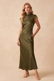 Olive Sheath Satin High Neck Cut Out Long Wedding Guest Dress with Lace