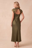 Olive Sheath Satin High Neck Cut Out Long Wedding Guest Dress with Lace