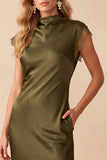 Olive Sheath Satin High Neck Cut Out Long Wedding Guest Dress with Lace