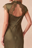 Olive Sheath Satin High Neck Cut Out Long Wedding Guest Dress with Lace