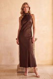 Coffee Sheath High Neck Cut Out Satin Long Wedding Guest Dress with Lace