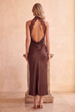 Coffee Sheath High Neck Cut Out Satin Long Wedding Guest Dress with Lace
