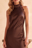 Coffee Sheath High Neck Cut Out Satin Long Wedding Guest Dress with Lace