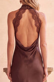 Coffee Sheath High Neck Cut Out Satin Long Wedding Guest Dress with Lace