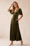Olive A-Line Velvet V-Neck Flutter Sleeves Maxi Wedding Guest Dress with Lace