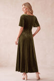 Olive A-Line Velvet V-Neck Flutter Sleeves Maxi Wedding Guest Dress with Lace