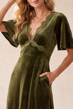 Olive A-Line Velvet V-Neck Flutter Sleeves Maxi Wedding Guest Dress with Lace