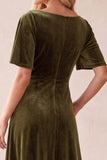 Olive A-Line Velvet V-Neck Flutter Sleeves Maxi Wedding Guest Dress with Lace