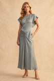 Dusty Blue Sheath Ruched Flutter Sleeves Satin Midi Wedding Guest Dress with Pockets