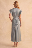 Dusty Blue Sheath Ruched Flutter Sleeves Satin Midi Wedding Guest Dress with Pockets