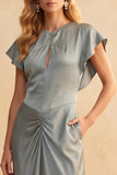 Dusty Blue Sheath Ruched Flutter Sleeves Satin Midi Wedding Guest Dress with Pockets