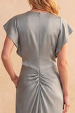 Dusty Blue Sheath Ruched Flutter Sleeves Satin Midi Wedding Guest Dress with Pockets
