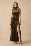Olive High Neck Sheath Ruched Velvet Maxi Wedding Guest Dress with Lace
