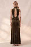 Olive High Neck Sheath Ruched Velvet Maxi Wedding Guest Dress with Lace