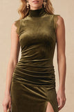 Olive High Neck Sheath Ruched Velvet Maxi Wedding Guest Dress with Lace