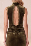 Olive High Neck Sheath Ruched Velvet Maxi Wedding Guest Dress with Lace