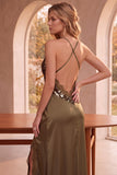 Olive Sheath Satin Spaghetti Straps Backless Long Wedding Guest Dress with Sequins