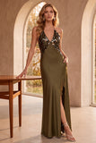 Olive Sheath Satin Spaghetti Straps Backless Long Wedding Guest Dress with Sequins