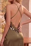 Olive Sheath Satin Spaghetti Straps Backless Long Wedding Guest Dress with Sequins