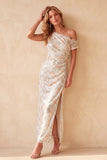 Ivory Asymmetrical One Shoulder Sheath Sequins Ruched Long Wedding Guest Dress with Lace