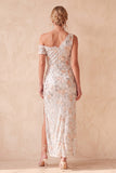 Ivory Asymmetrical One Shoulder Sheath Sequins Ruched Long Wedding Guest Dress with Lace