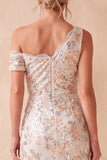 Ivory Asymmetrical One Shoulder Sheath Sequins Ruched Long Wedding Guest Dress with Lace