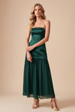 Dark Green Satin Drop-Waist Strapless Midi Wedding Guest Dress with Beading