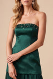 Dark Green Satin Drop-Waist Strapless Midi Wedding Guest Dress with Beading